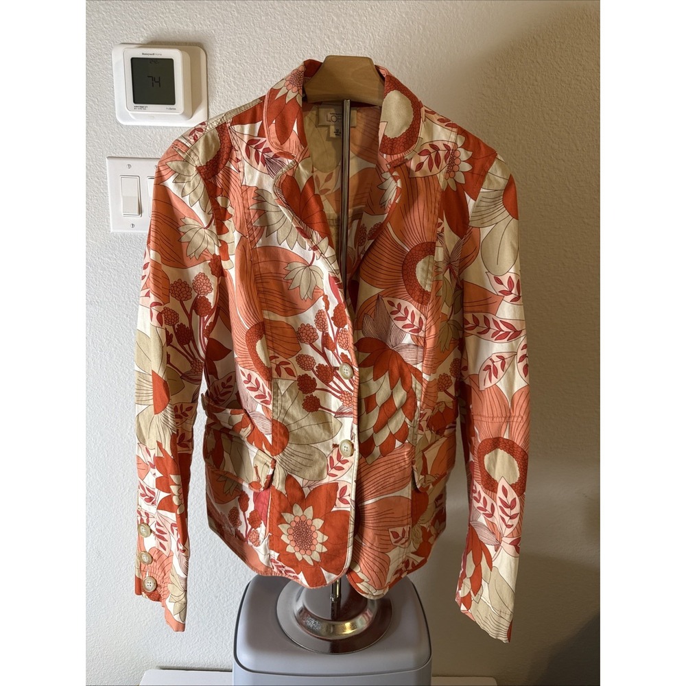 LOFT‎ Women's  Floral Print Blazer Jacket Linen Blend Pink Orange Size 12